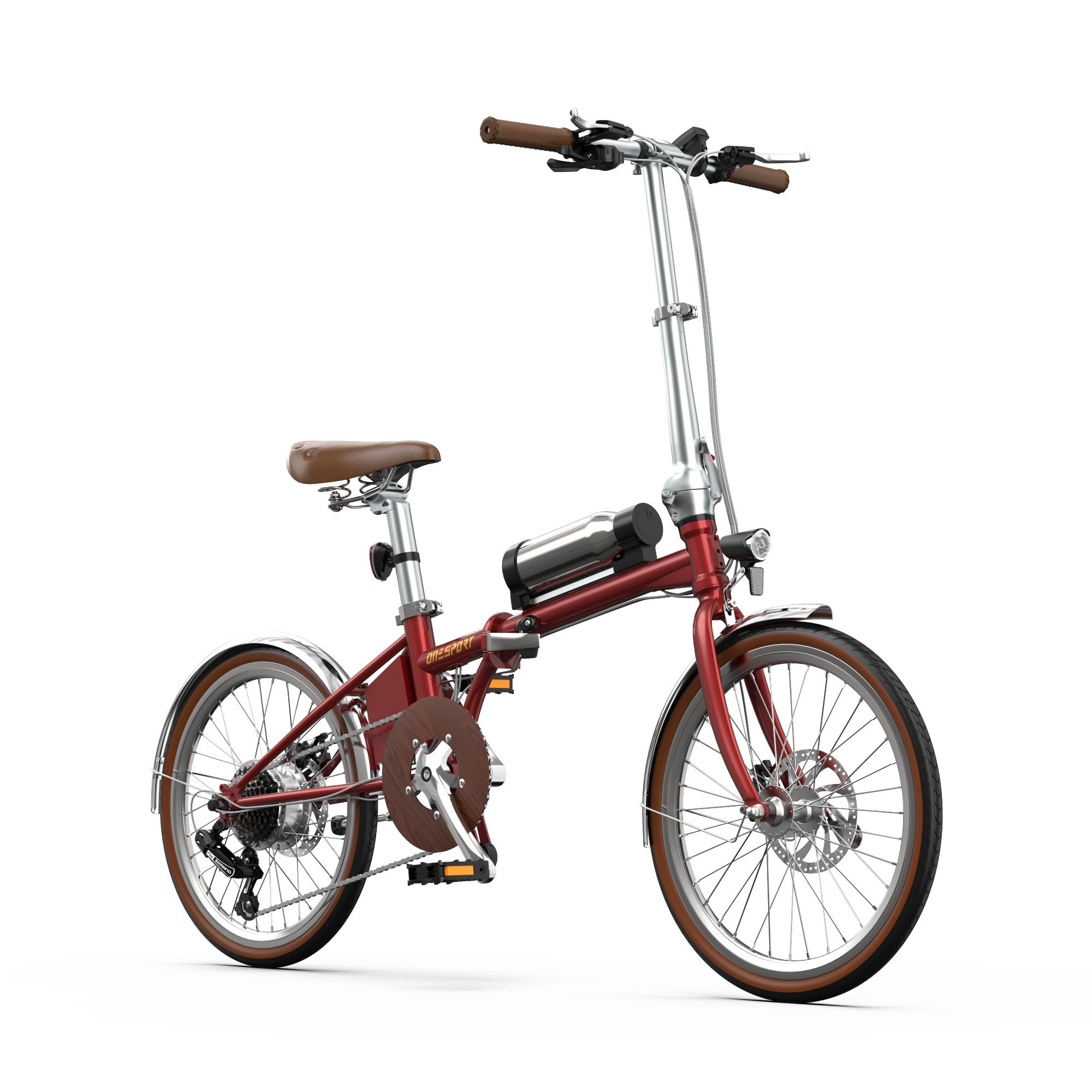 Rotes, faltbares E-Bike. 20-Zoll-Räder, braune Reifen und Sattel. Silberne Schutzbleche. Akku am Rahmen.