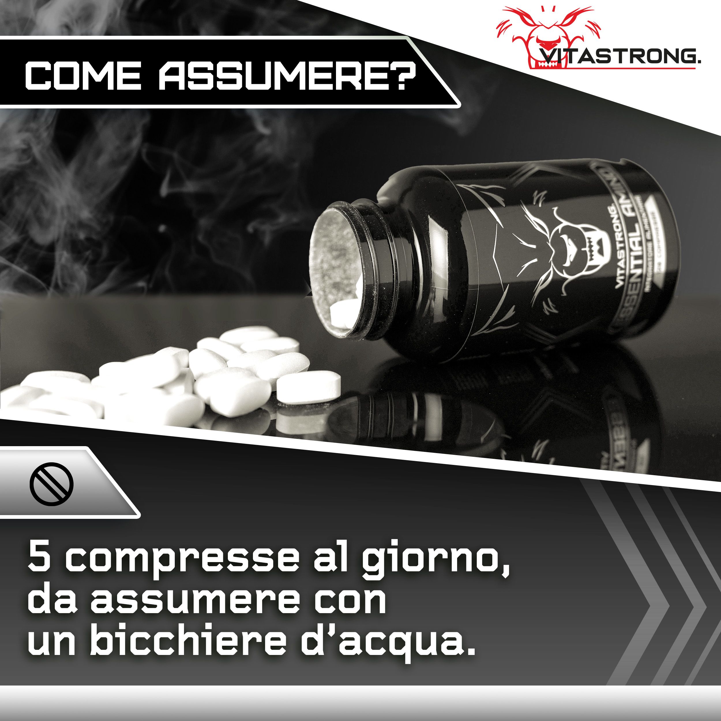Istruzioni: 5 compresse al giorno con acqua. Flacone e compresse.