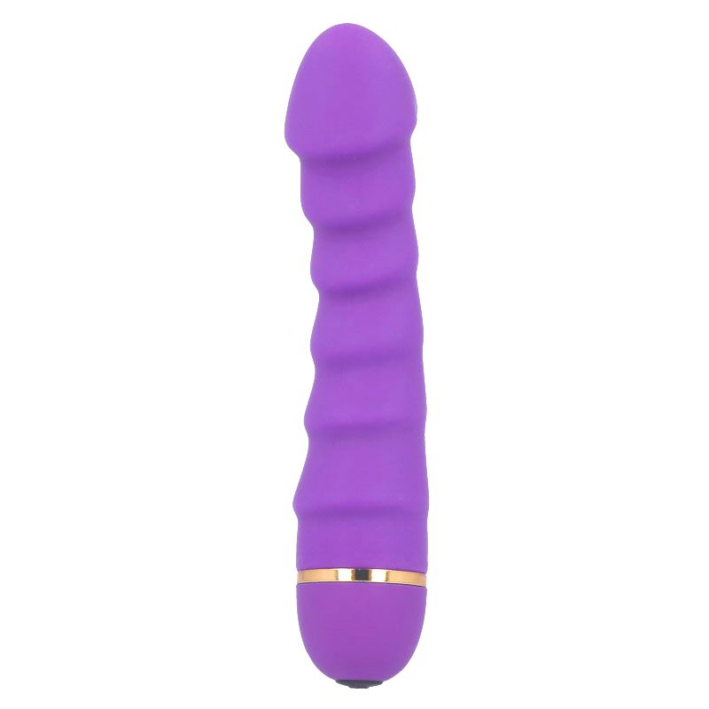 Lila Vibrator mit geriffelter Oberfläche und goldfarbenem Ring am unteren Ende. Form eines Penis.