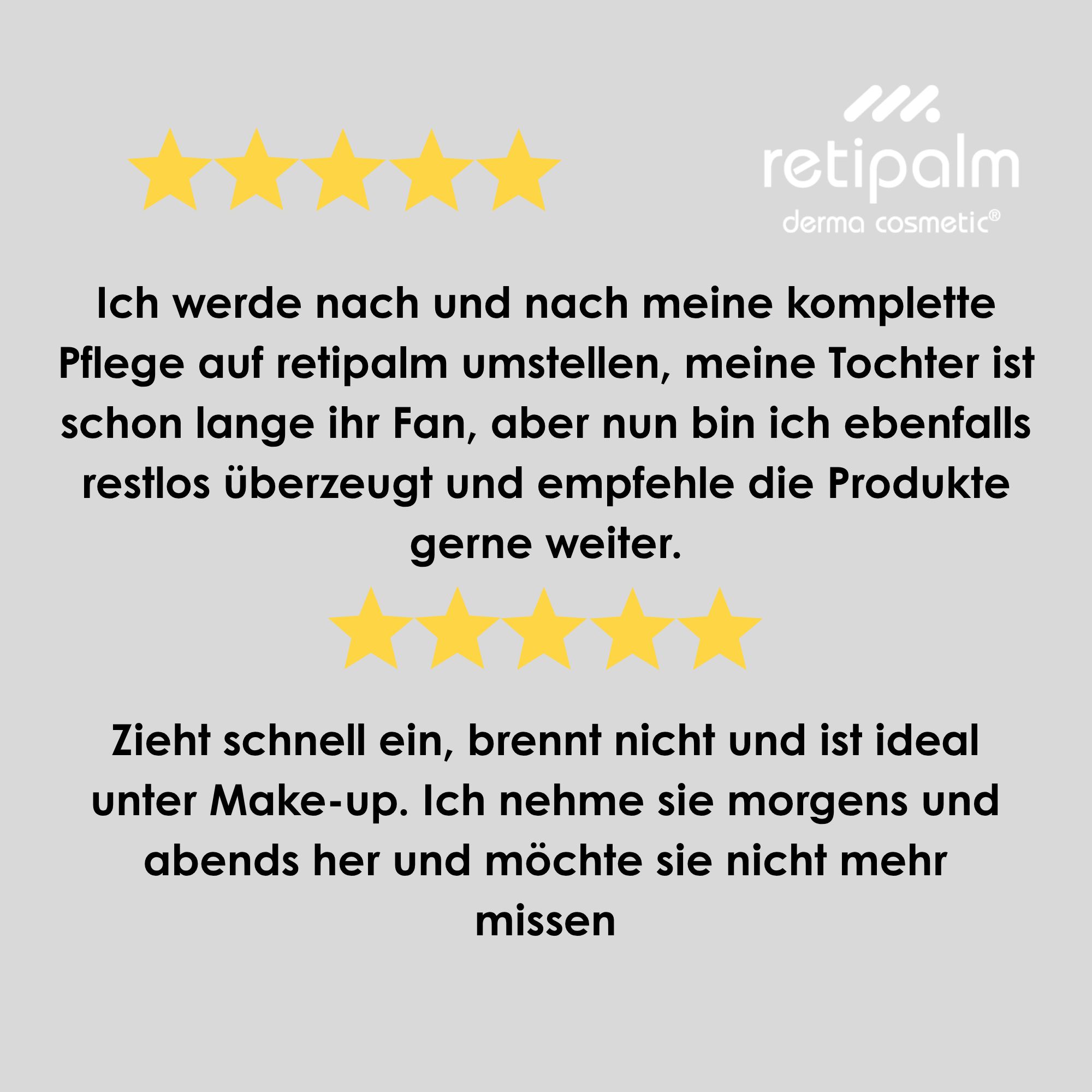 Retipalm Eye Care Spender mit Sternenbewertungen und Text.