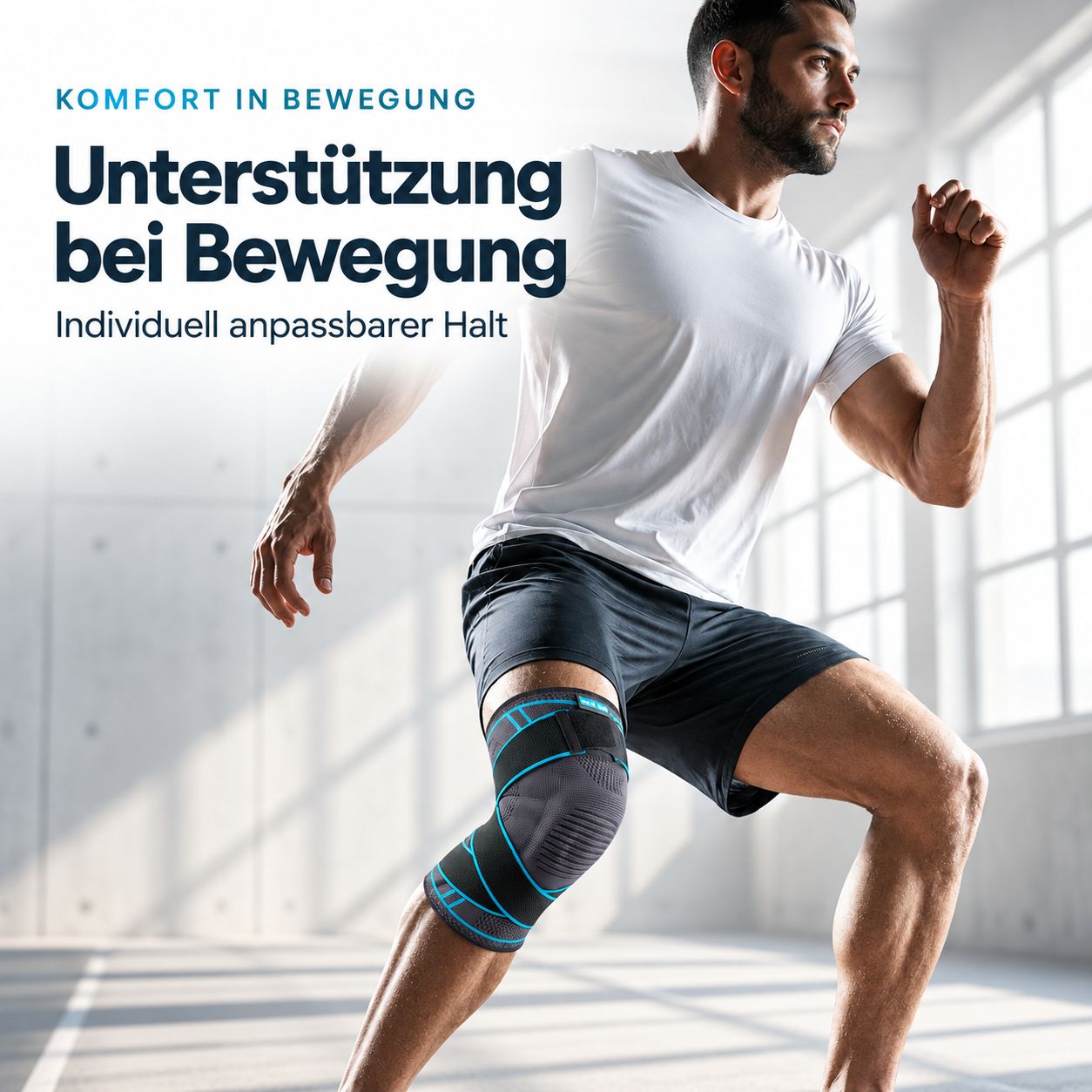 Mann trägt AGILE NOW Kniebandage beim Laufen. Individuell anpassbarer Halt für Bewegung.