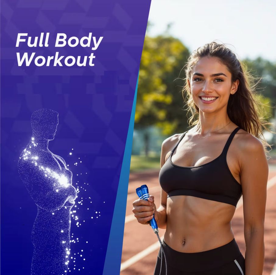 Frau mit Springseil auf Laufbahn. Sie trägt Sportkleidung. Im Hintergrund ein Umriss eines Mannes.