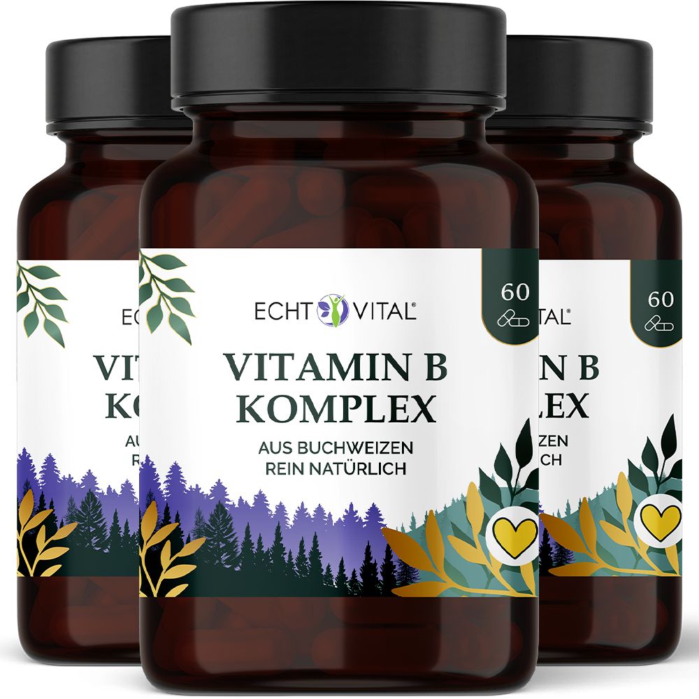 Drei Flaschen Echt Vital Vitamin B Komplex mit Wald- und Pflanzenmotiv auf dem Etikett.