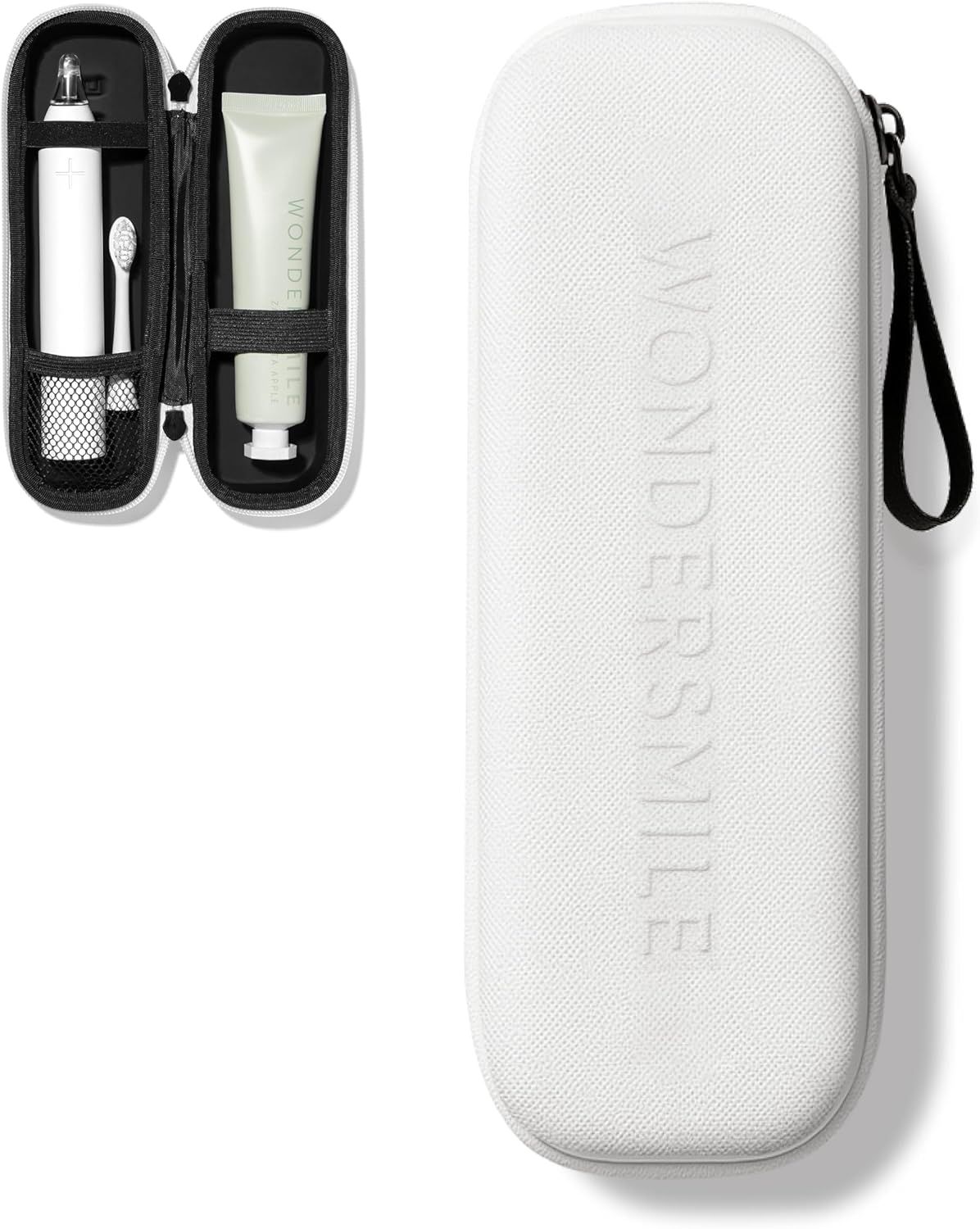 Weißes Reiseetui, geöffnet und geschlossen. Enthält Zahnbürste, Bürstenkopf und Zahnpasta. Geprägter Schriftzug: Wondersmile.