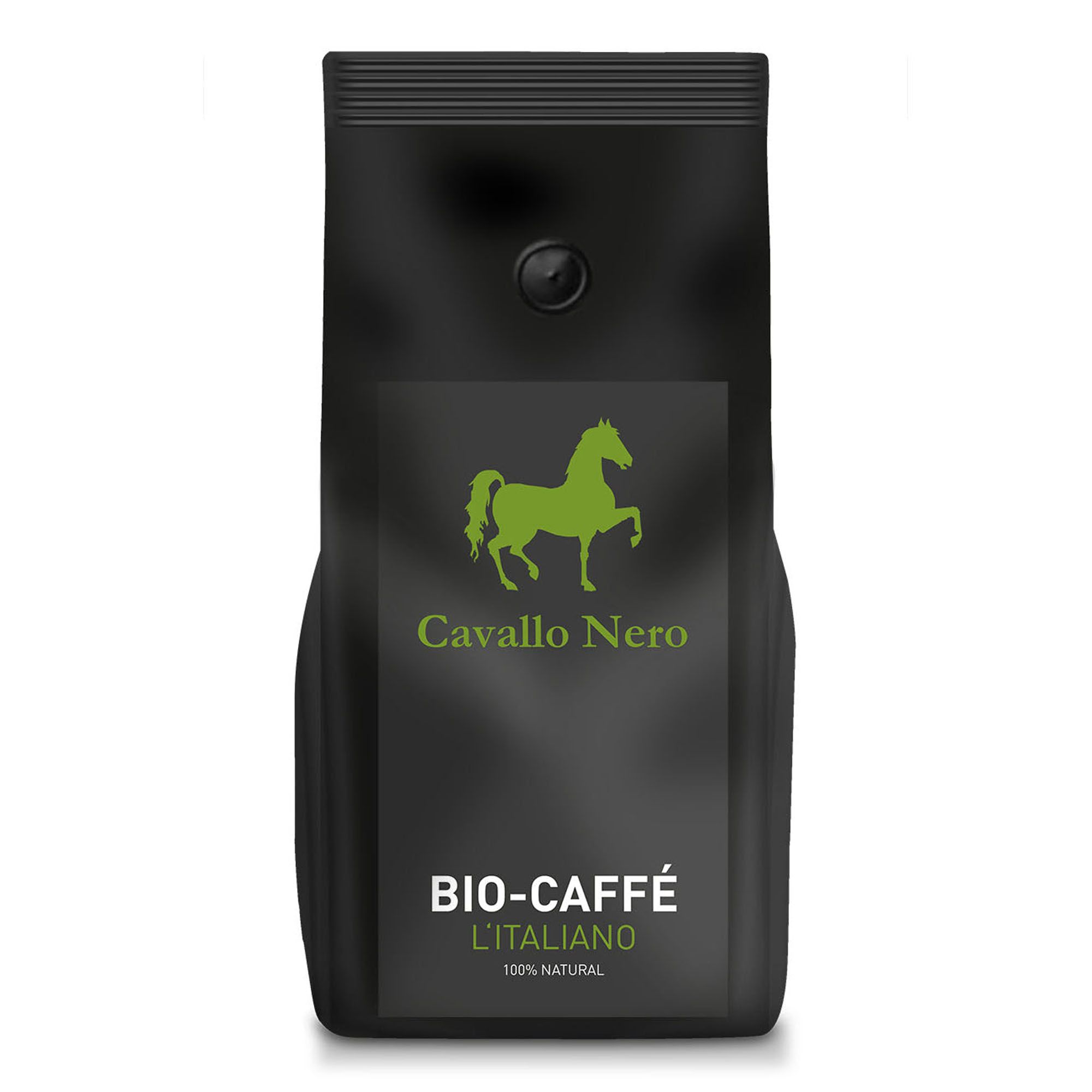 Schwarzer Beutel mit grünem Etikett. Aufschrift: BIO-Caffè L'Italiano, Cavallo Nero, grünes Pferd. 100% Natural.
