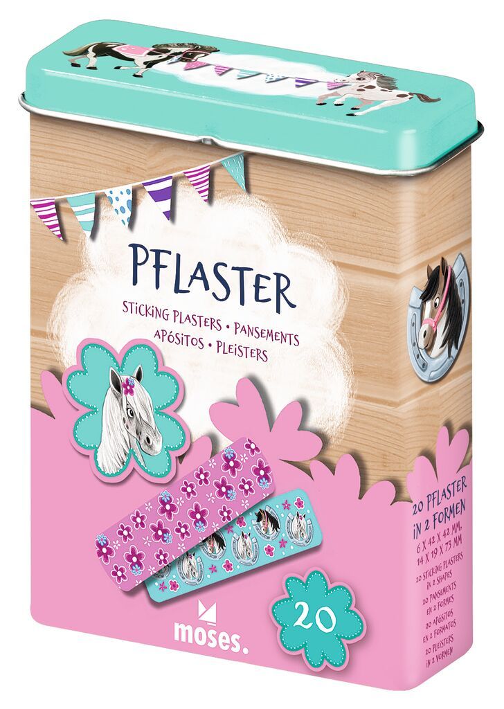 Pflasterbox mit Pferde-Motiv. Enthält 20 Pflaster in verschiedenen Formen. Aufschrift: PFLASTER, moses.
