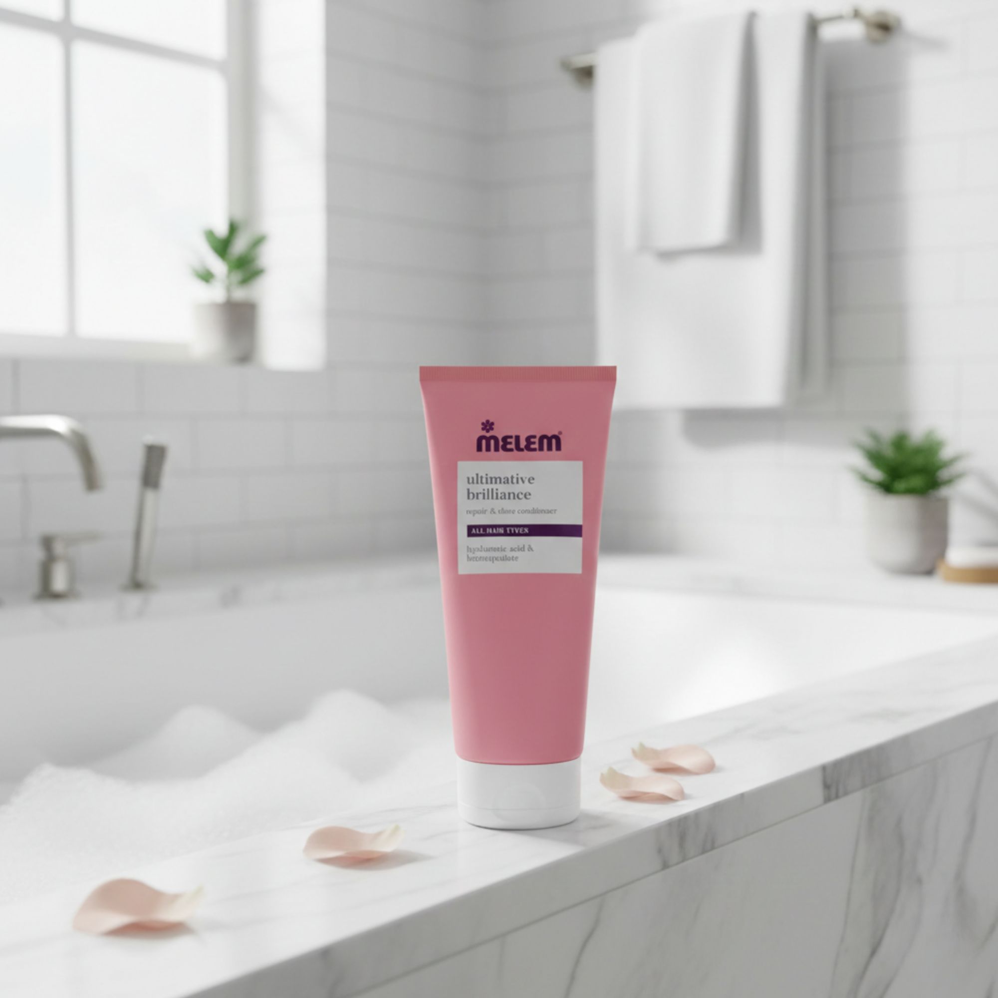 Rosa Tube mit weißem Verschluss. Aufschrift: Melem, ultimative Brillanz, Repair & Shine Conditioner. Umgebung: Badewanne.