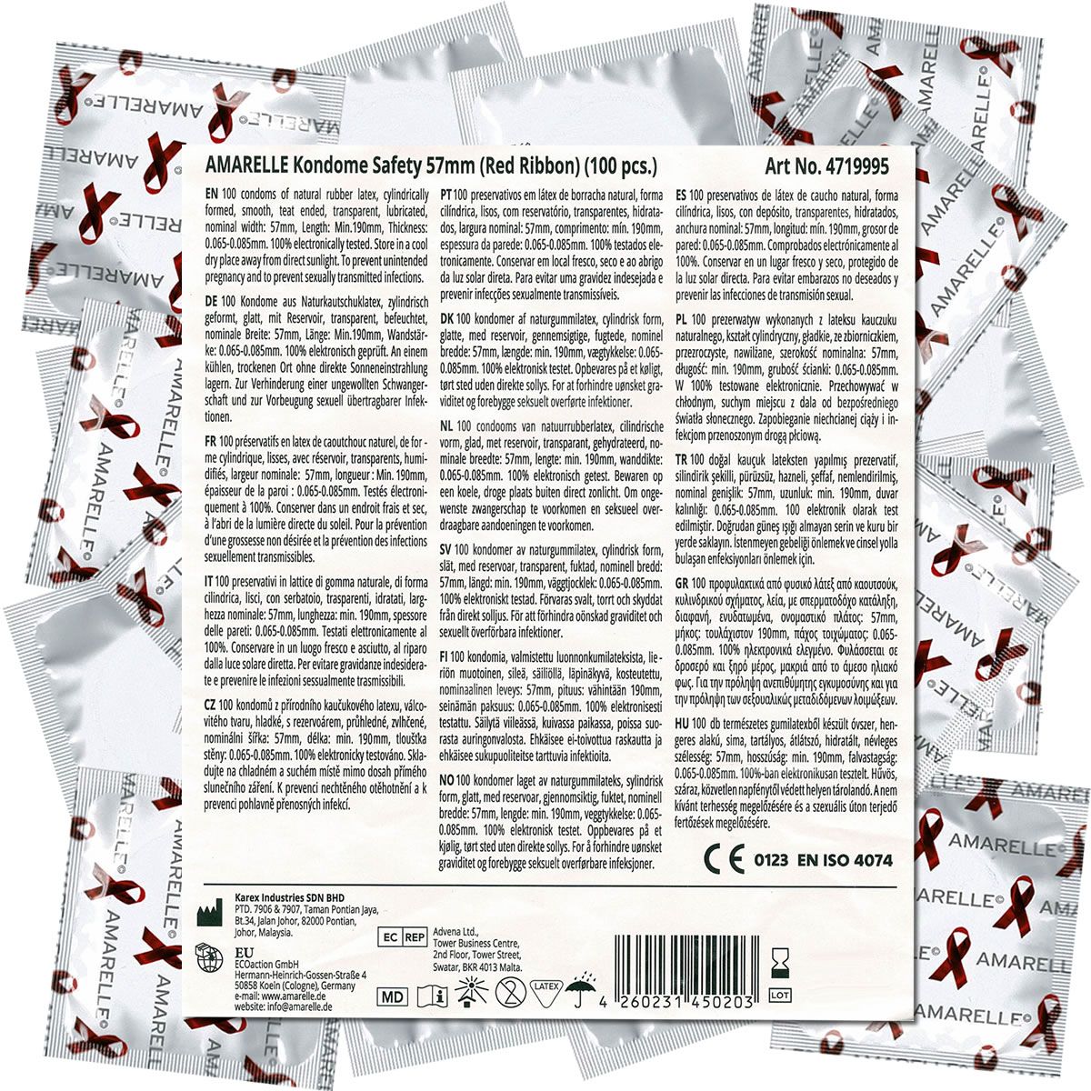 Kondome einzeln verpackt. Aufdruck: Amarelle Safety 57, rotes Band. 100 Stück. Artikelnummer und Zertifizierungen.