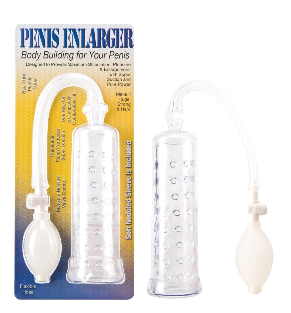 Durchsichtige Penis Enlarger Potenzpumpe mit weißer Pumpe und Schlauch. Auf Verpackung mit Text.