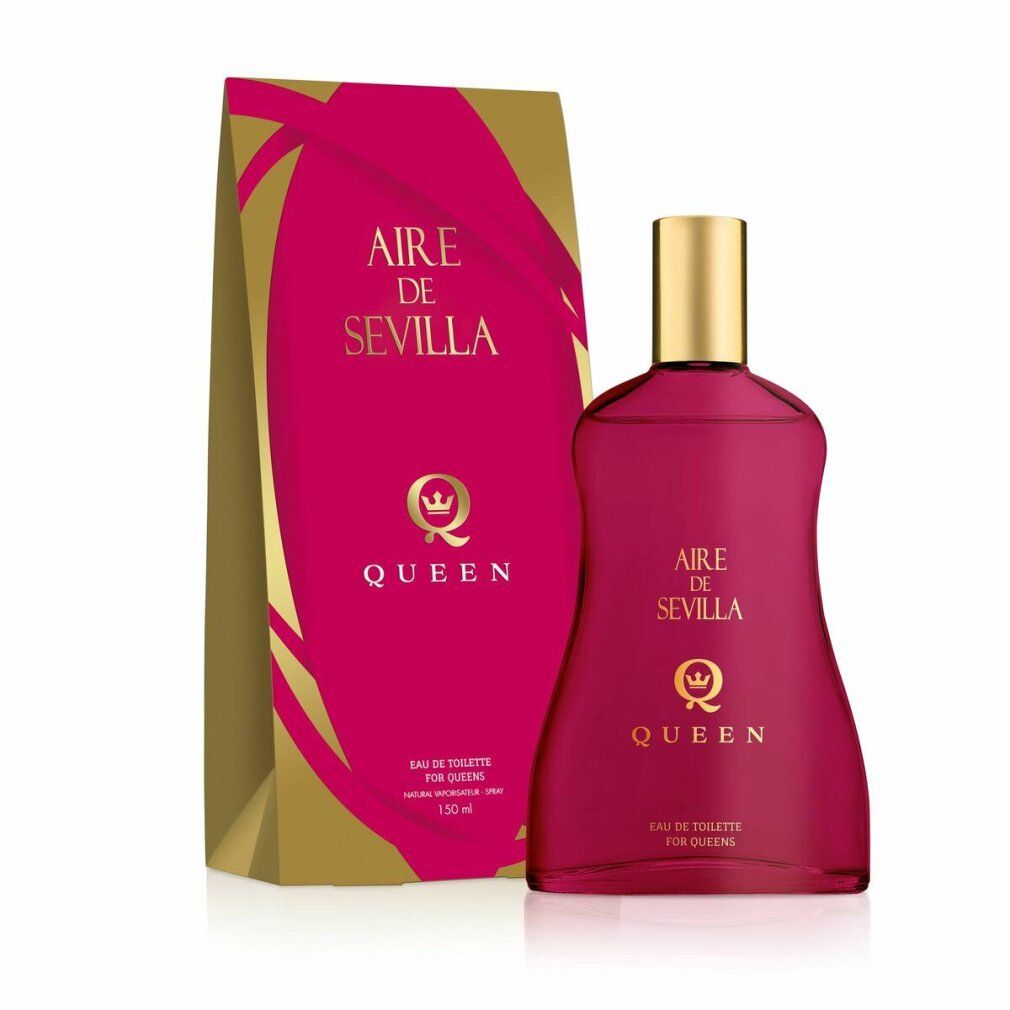 Rosa Flakon und Verpackung. Aufschrift AIRE DE SEVILLA QUEEN. Goldfarbener Verschluss. Verpackung mit goldfarbenen Akzenten.