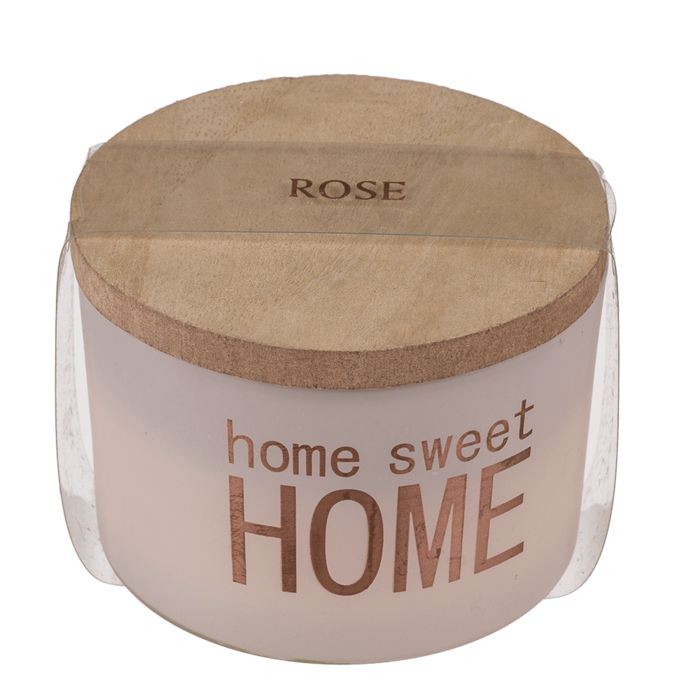Bougie parfumée rose avec couvercle en bois. Inscription "home sweet HOME". Couvercle avec "ROSE".