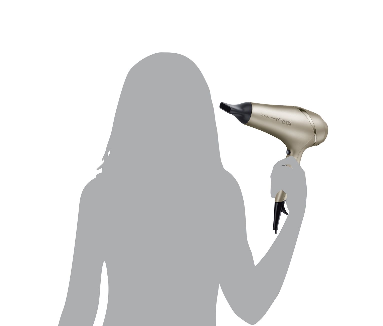 Silhouette hält Haartrockner. Goldfarben, schwarze Düse. Marke und Modellbezeichnung sichtbar.