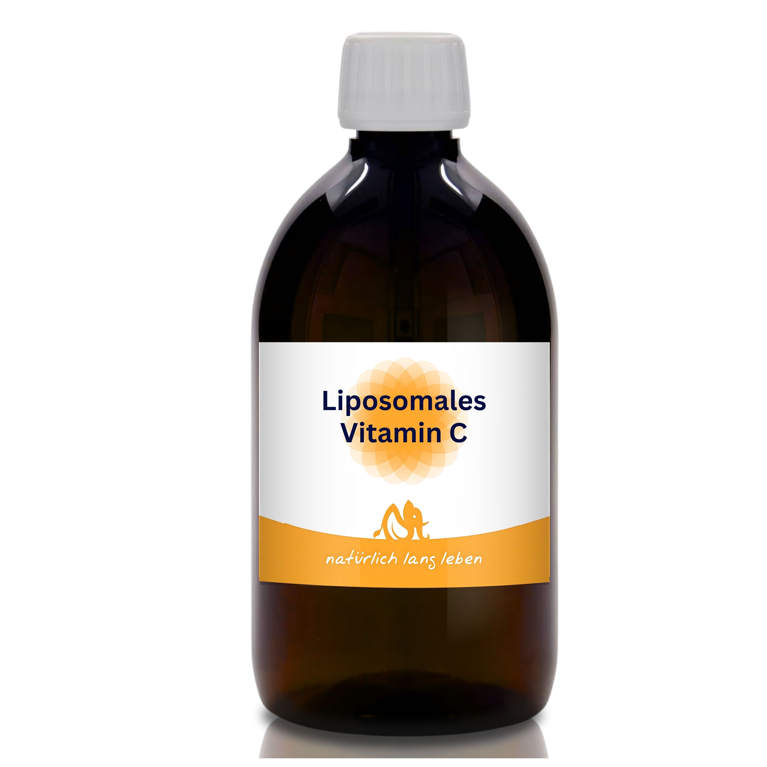 Braune Glasflasche mit weißem Etikett. Aufschrift 'Liposomales Vitamin C' und Logo. Weißer Deckel.