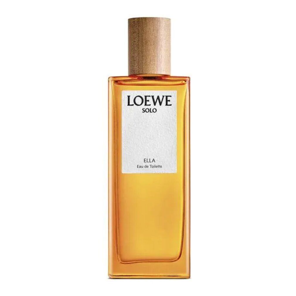 Rechteckiger Flakon mit Holzverschluss. Aufschrift: LOEWE SOLO ELLA Eau de Toilette. Gelbe Flüssigkeit sichtbar.