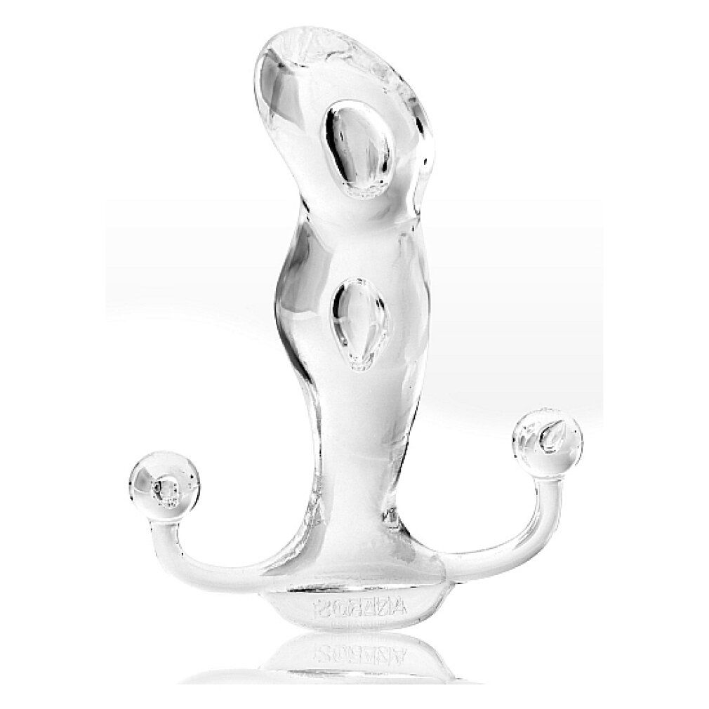 Klarer Glas-Analplug mit zwei Kugeln an den Seiten und einer geschwungenen Form.