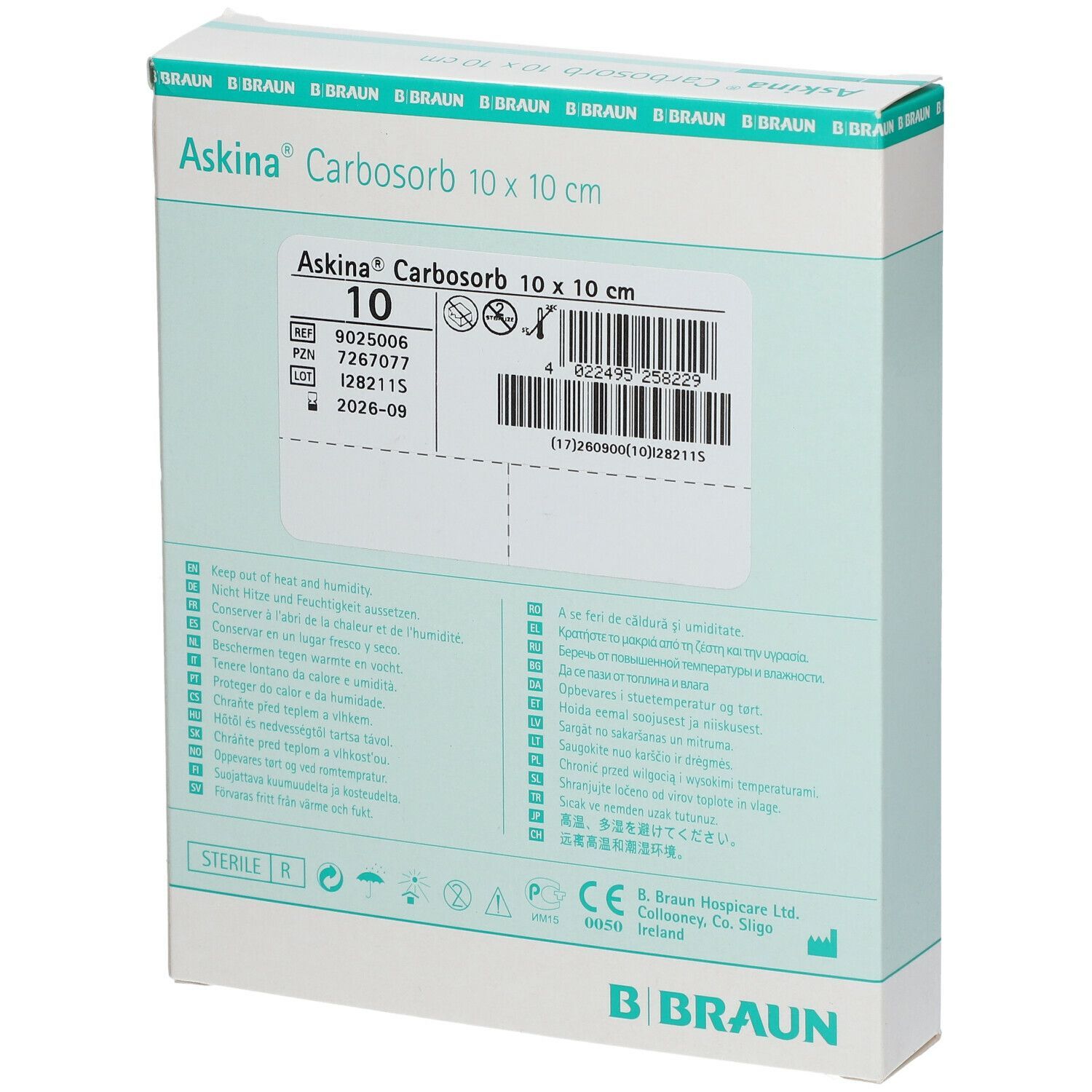 Verpackung von Askina Carbosorb 10 x 10 cm. Weißer Karton mit Produktbezeichnung, Chargennummer und B. Braun Logo. Draufsicht.