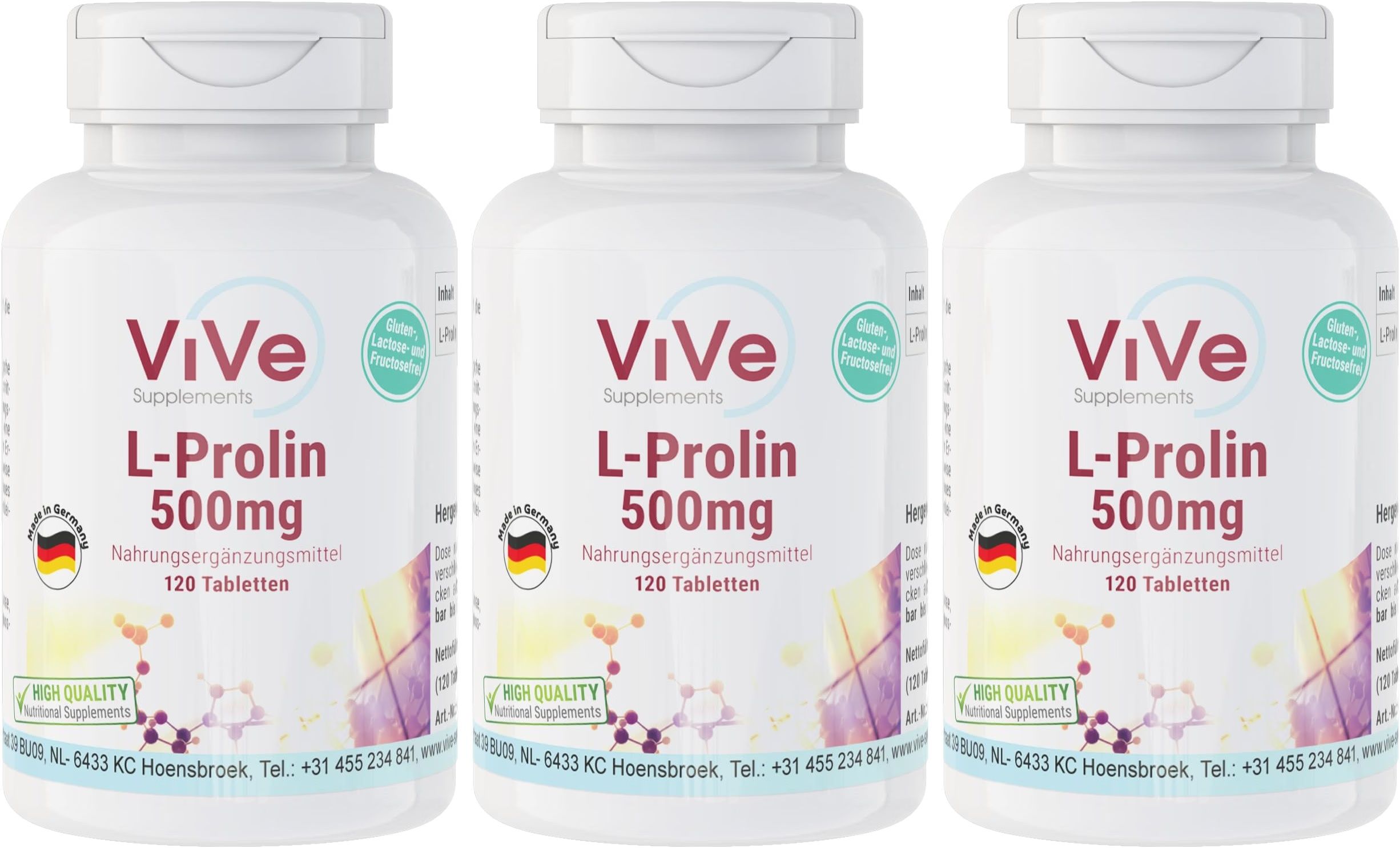 Drei weiße Flaschen mit L-Prolin 500mg Nahrungsergänzungsmittel, 120 Tabletten pro Flasche.