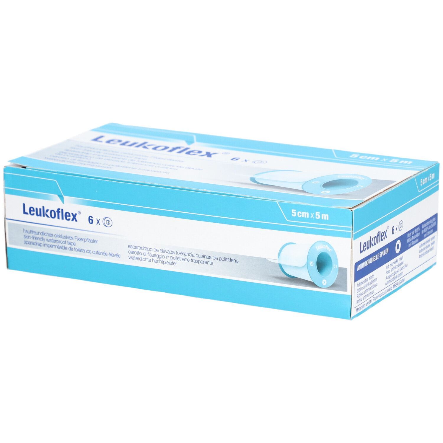 Blau-weiße Verpackung von Leukoflex® 6x. Aufdruck: 5 cm x 5 m. Produktabbildung.