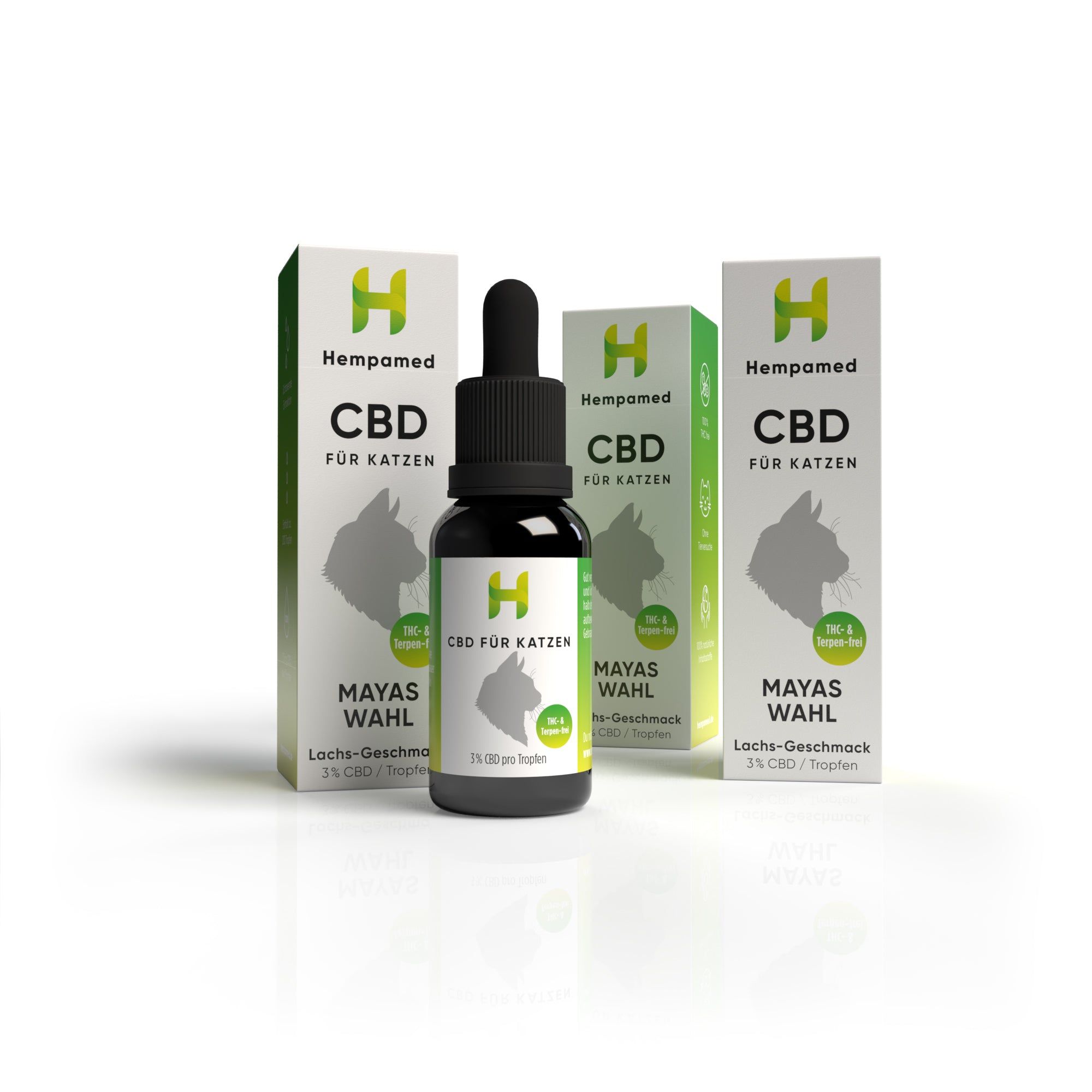 CBD-Öl-Flasche mit drei Produktverpackungen. Flasche mit Tropfer, Etikett mit Logo und Text. Verpackungen mit Logo, Katze-Silhouette und Text.