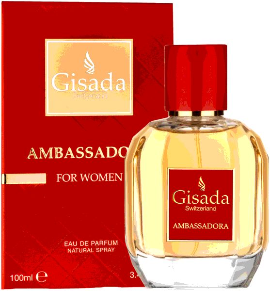 Flakon und rote Verpackung. Flakon mit rotem Verschluss und Etikett "Gisada Ambassadora". Verpackung mit goldener Schrift.