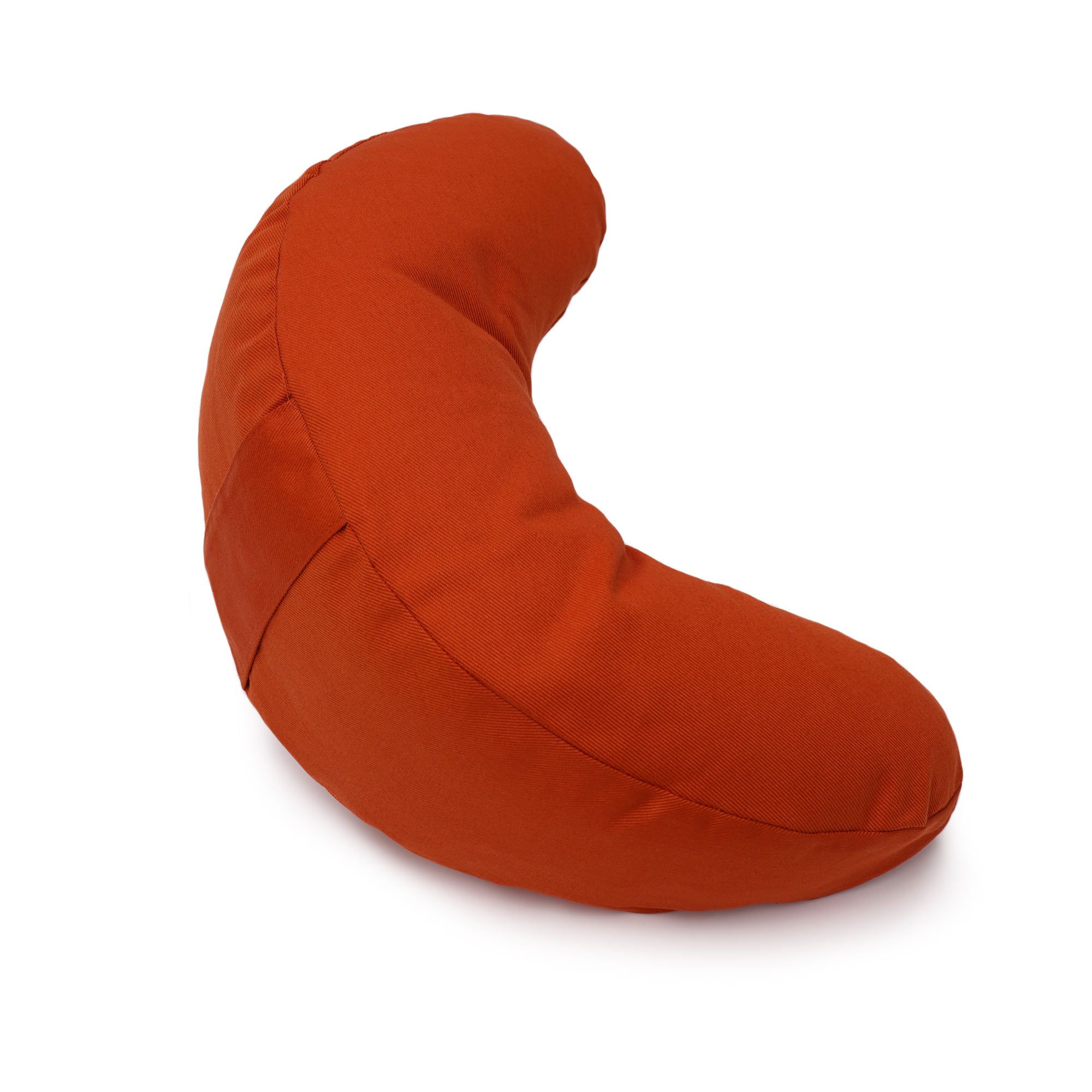 Orange Yoga-Kissen in Mondform, Seitenansicht.