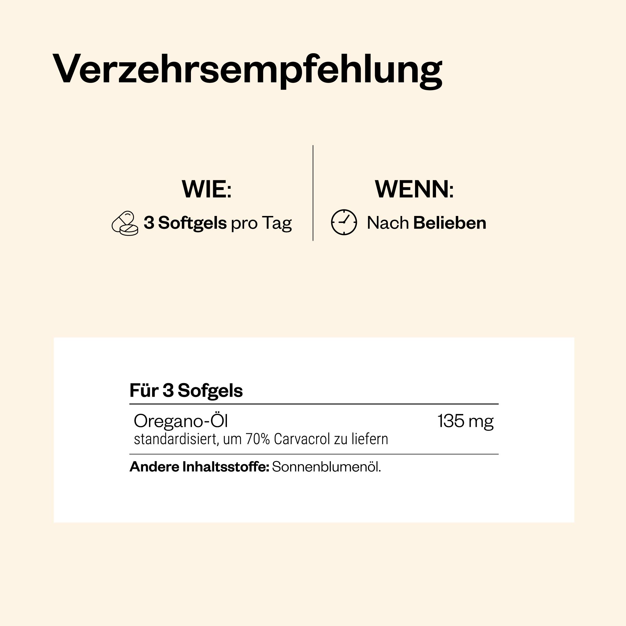 Text mit Informationen zur Dosierung: 3 Softgels pro Tag. Enthält Oregano-Öl und Sonnenblumenöl.