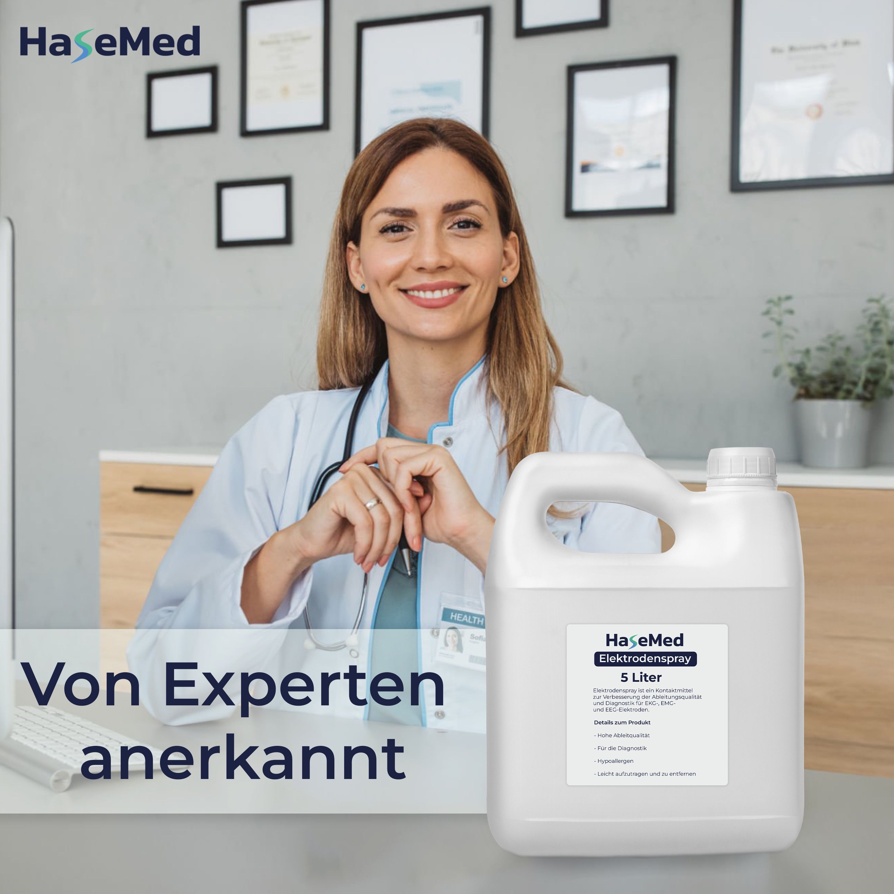 Ärztin mit HaseMed Elektrodenspray, 5 Liter. Etikett mit Produktinformationen. Text: Von Experten anerkannt.