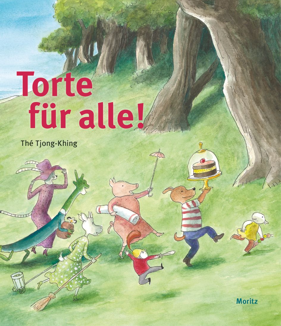 Buchcover mit Titel "Torte für alle!". Illustration von Tieren, die durch eine grüne Landschaft laufen. Verlag: Moritz.