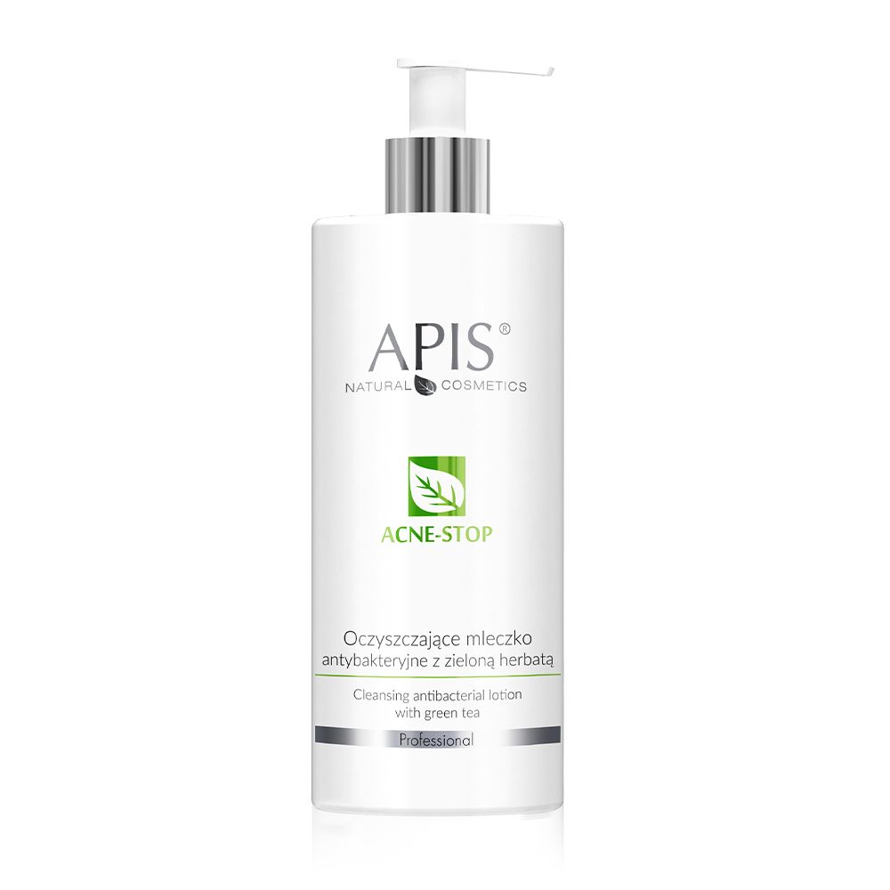 Weiße Flasche mit Pumpe. Aufschrift: APIS NATURAL COSMETICS, ACNE-STOP, Oczyszczające mleczko antybakteryjne z zieloną herbatą, Cleansing antibacterial lotion with green tea.