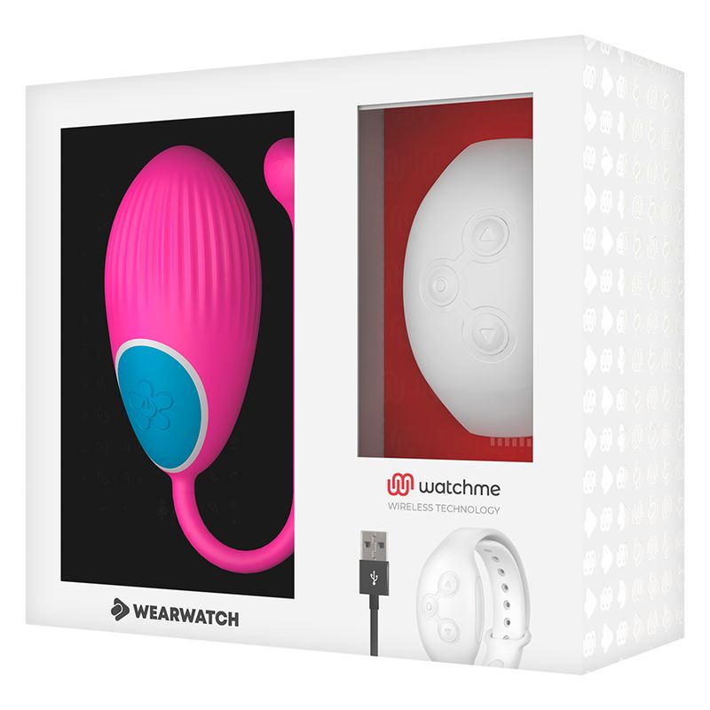 Verpackung mit rosa Ei, weißer Armbanduhr und USB-Kabel. Marke: watchme.