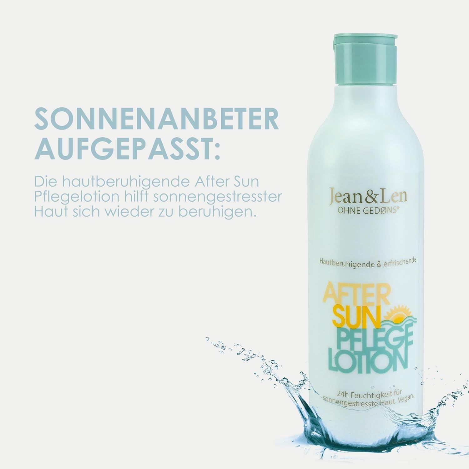 Weiße Flasche mit türkisfarbenem Deckel. Aufschrift: After Sun Pflege Lotion. Text: Sonnenanbieter aufgepasst!