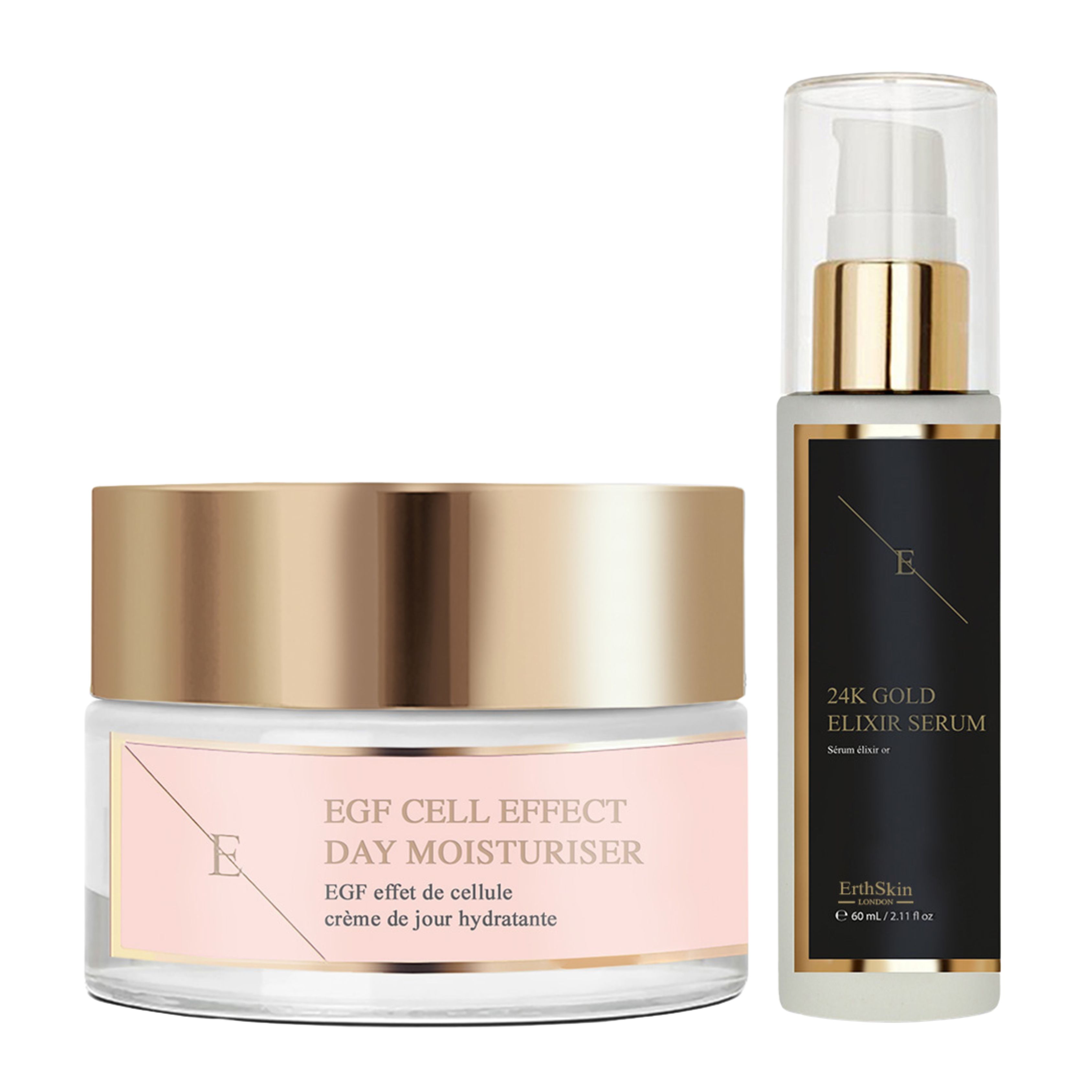 Tagesfeuchtigkeitscreme und Serum. Creme mit goldfarbenem Deckel und rosa Etikett. Serum mit schwarzem Etikett und goldfarbenem Deckel.