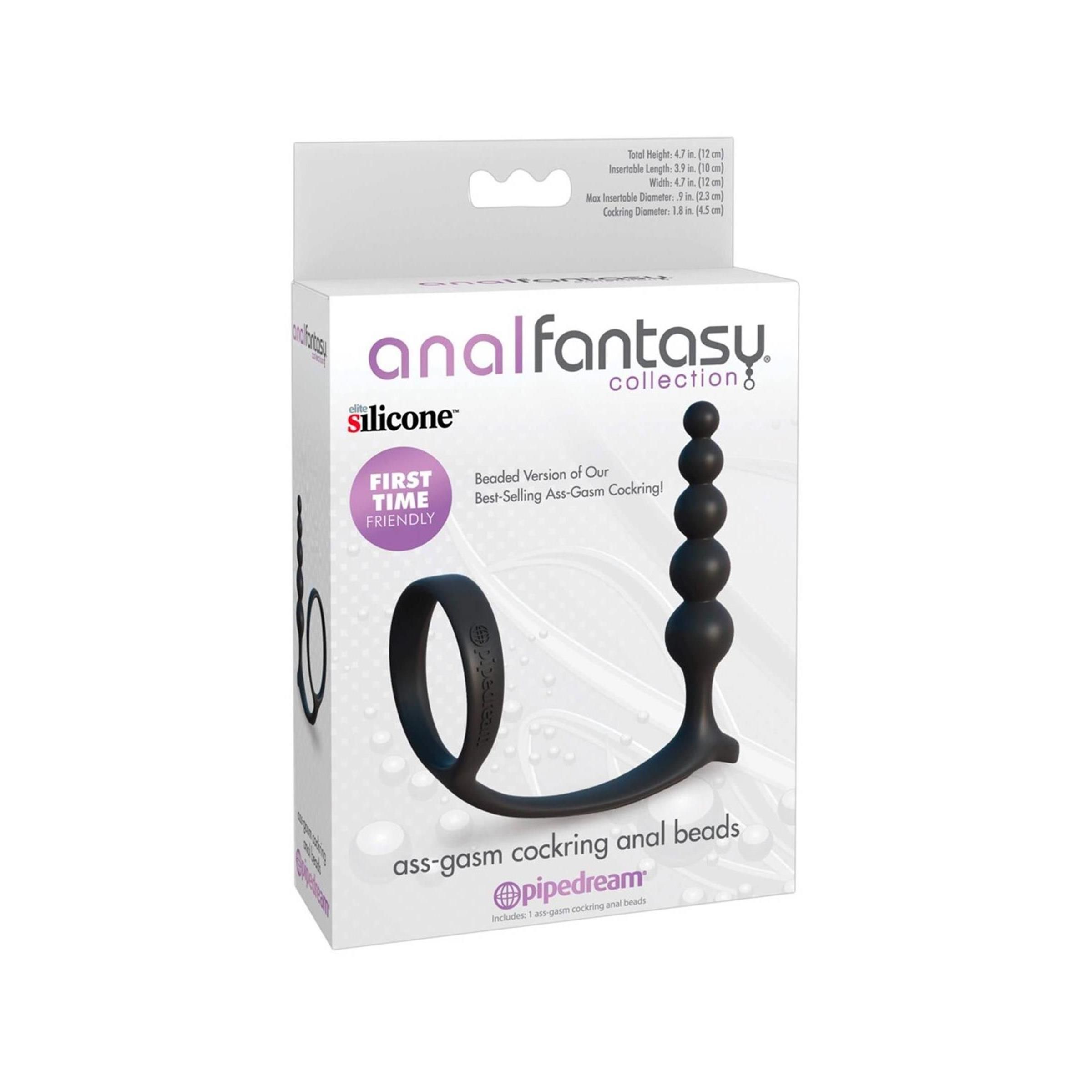 Verpackung mit Analperlenspiel und Cockring. Enthält Produktname, Produktbild und Text. 'First Time Friendly' gekennzeichnet.