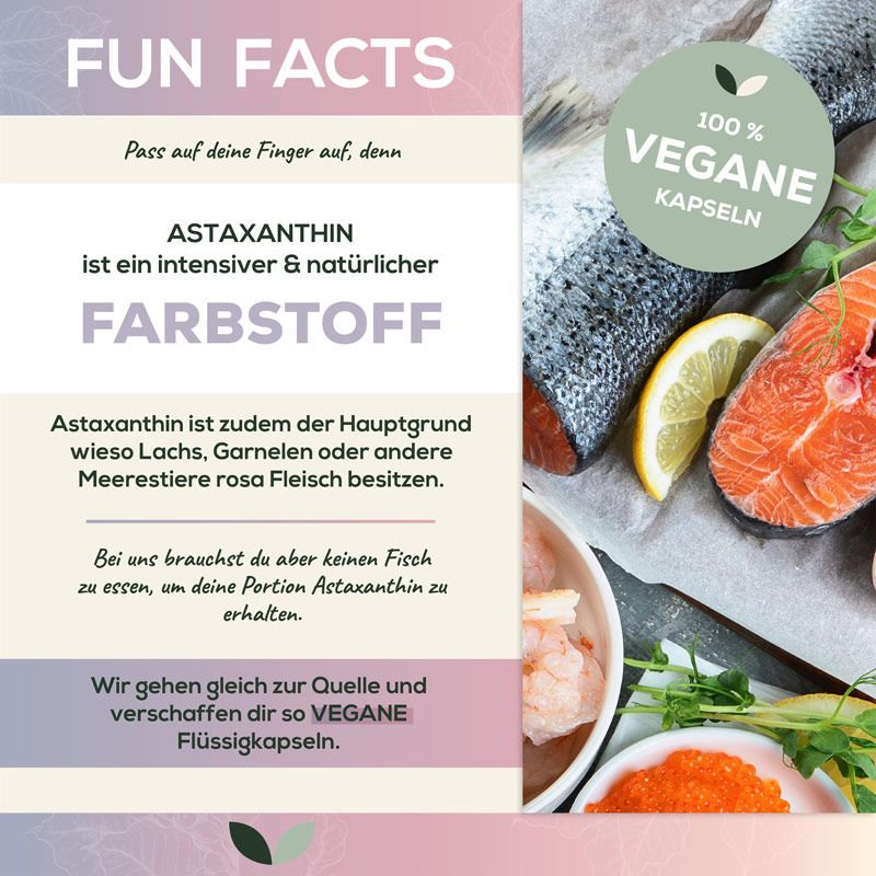 100% vegane Kapseln. Abbildung von Lachs und Garnelen. Text: Astaxanthin ist ein intensiver Farbstoff.