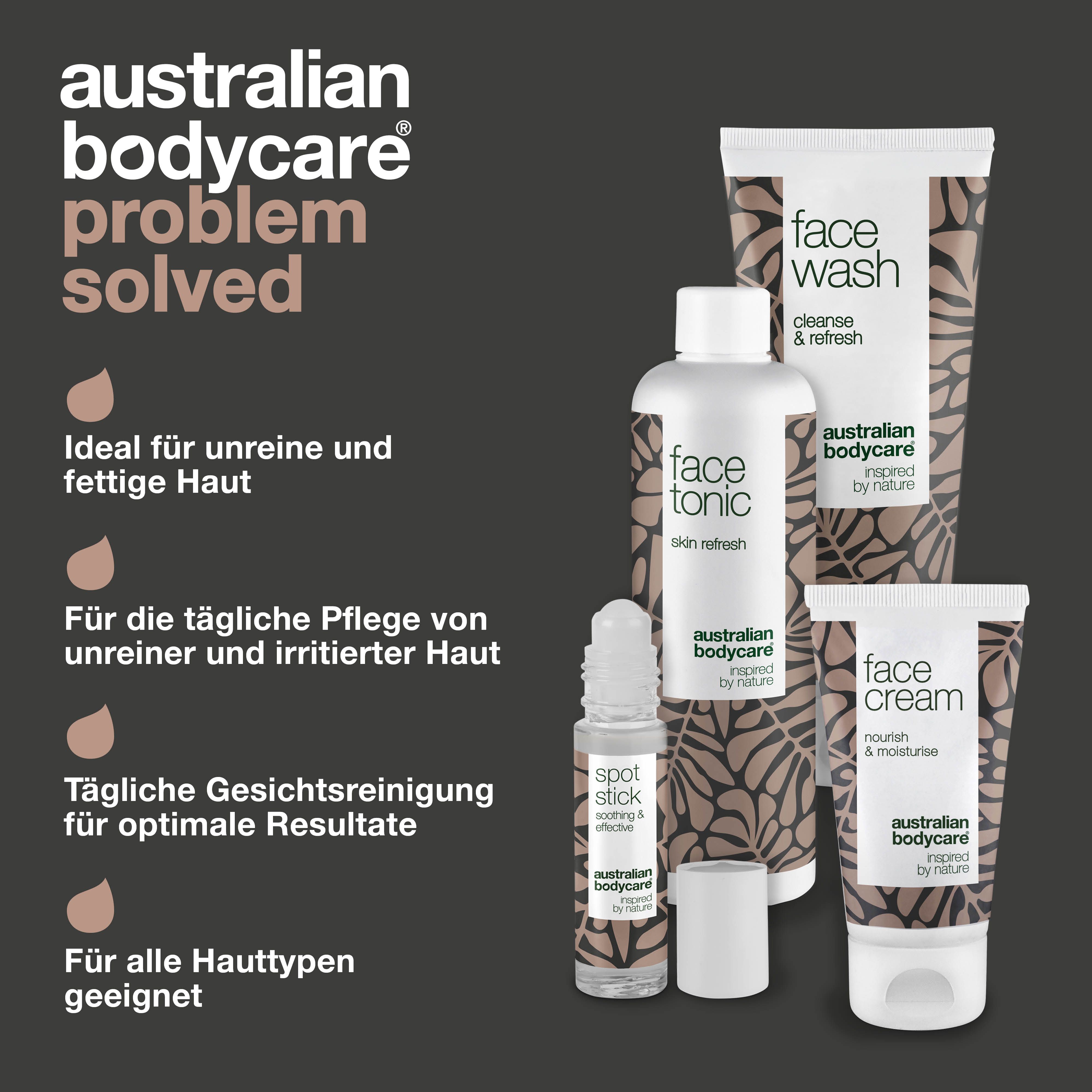Produkte: Face Wash, Face Tonic, Face Cream, Spot Stick. Text: Problem Solved.
