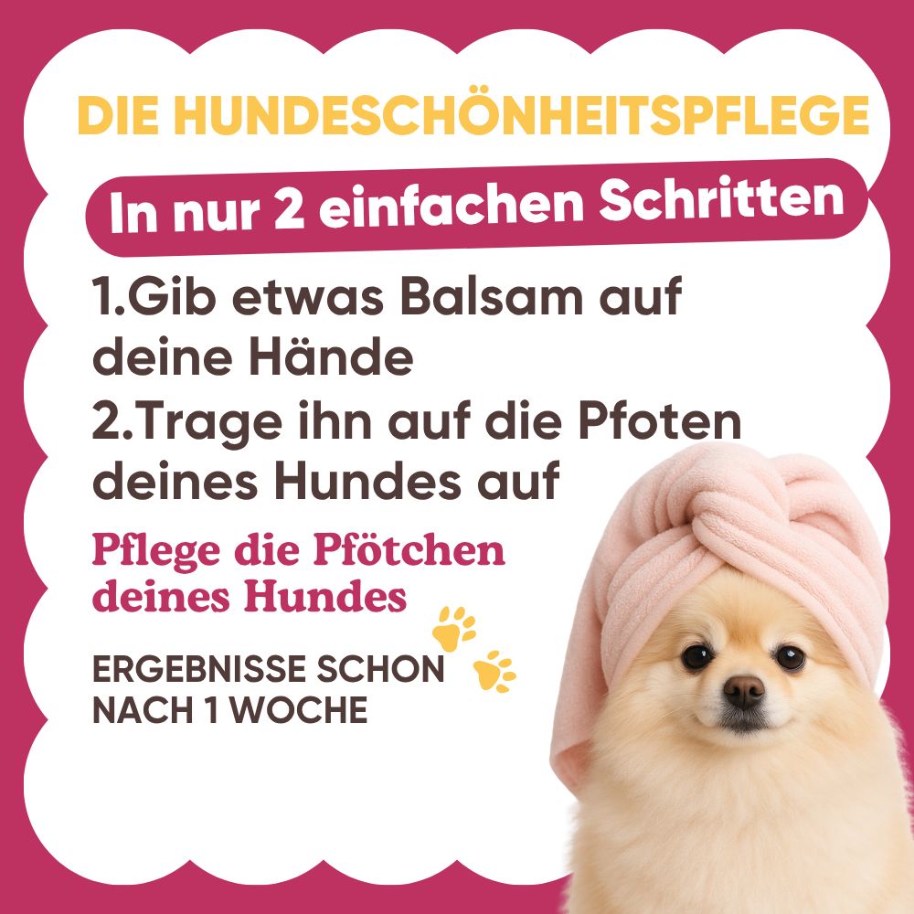 Ein Pomeranian mit einem Handtuch auf dem Kopf, das die einfache Anwendung von Hundepflegeprodukten zeigt.