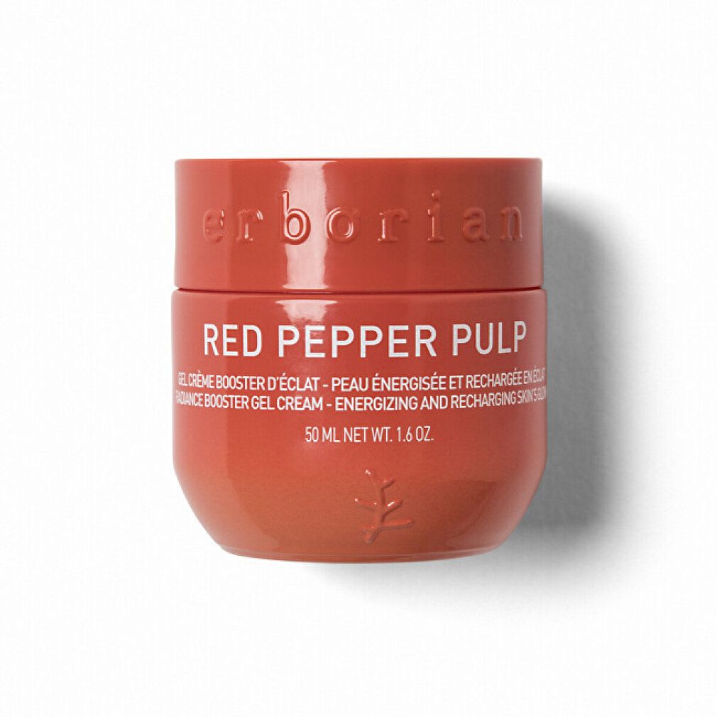 Roter Tiegel mit rotem Deckel. Aufschrift: RED PEPPER PULP. Gel-Creme. 50 ml. Marke: Erborian.