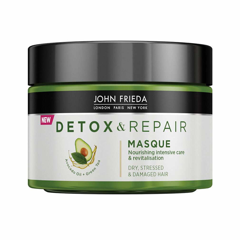 Runde Dose John Frieda Detox & Repair Masque. Grün-schwarzer Deckel, weißes Etikett mit Avocado-Illustration und Text.