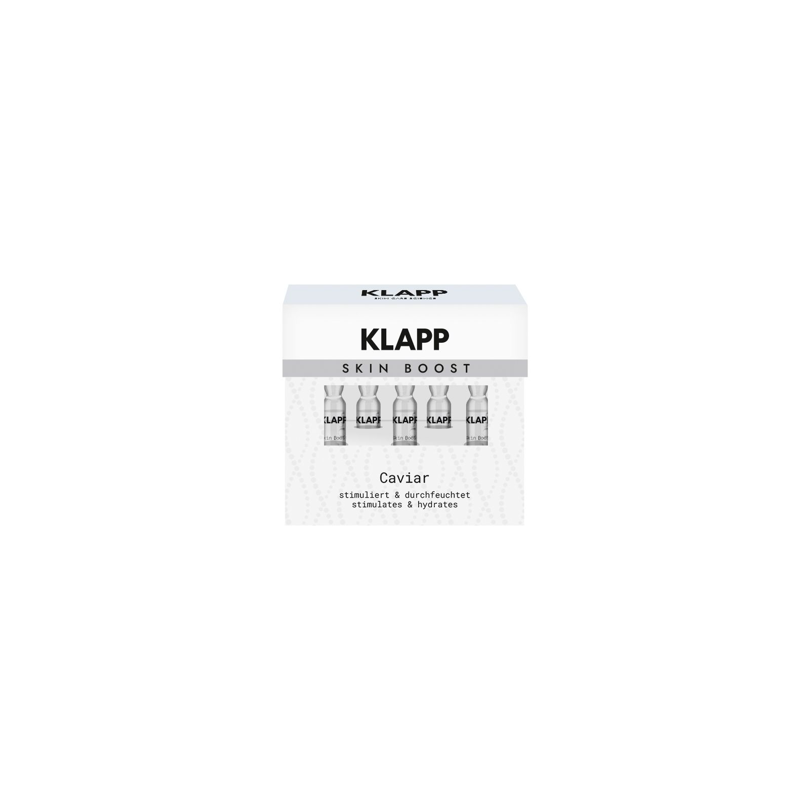 Verpackung von KLAPP Skin Boost Caviar. Enthält Ampullen. Aufschrift: KLAPP, Skin Boost, Caviar. Wirkt stimulierend und feuchtigkeitsspendend.