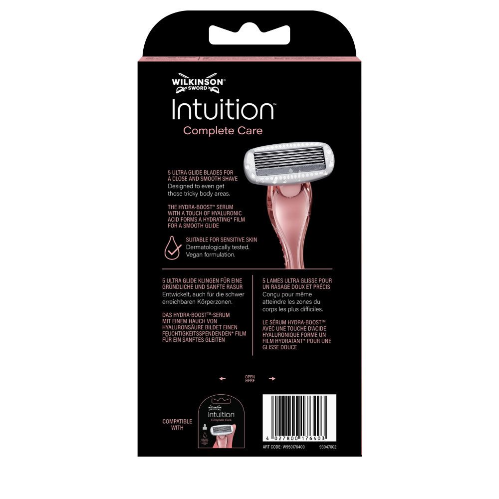 Rückseite der Wilkinson Sword Intuition Complete Care Rasierer-Verpackung mit Produktmerkmalen und Anwendungsdetails.