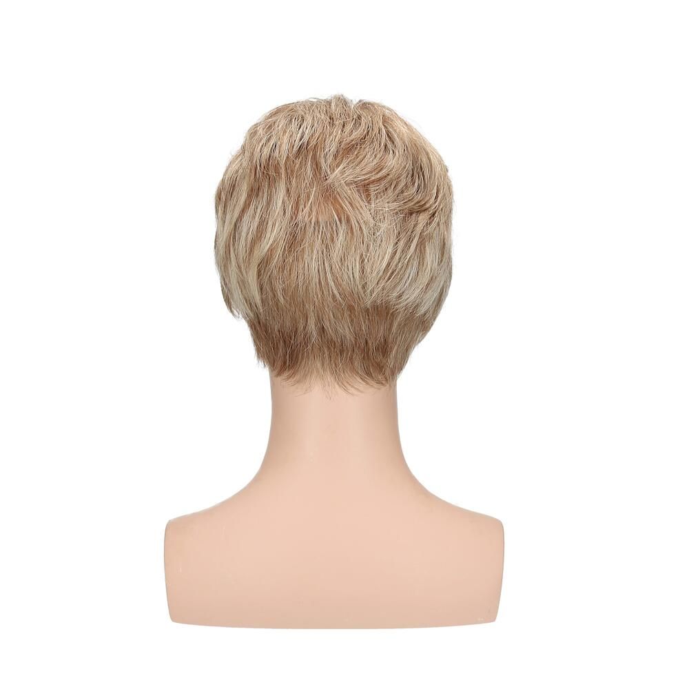 Perücke Lima, blondiertes Kunsthaar, auf einer Büste. Rückansicht. Kurzer, gewellter Haarschnitt.