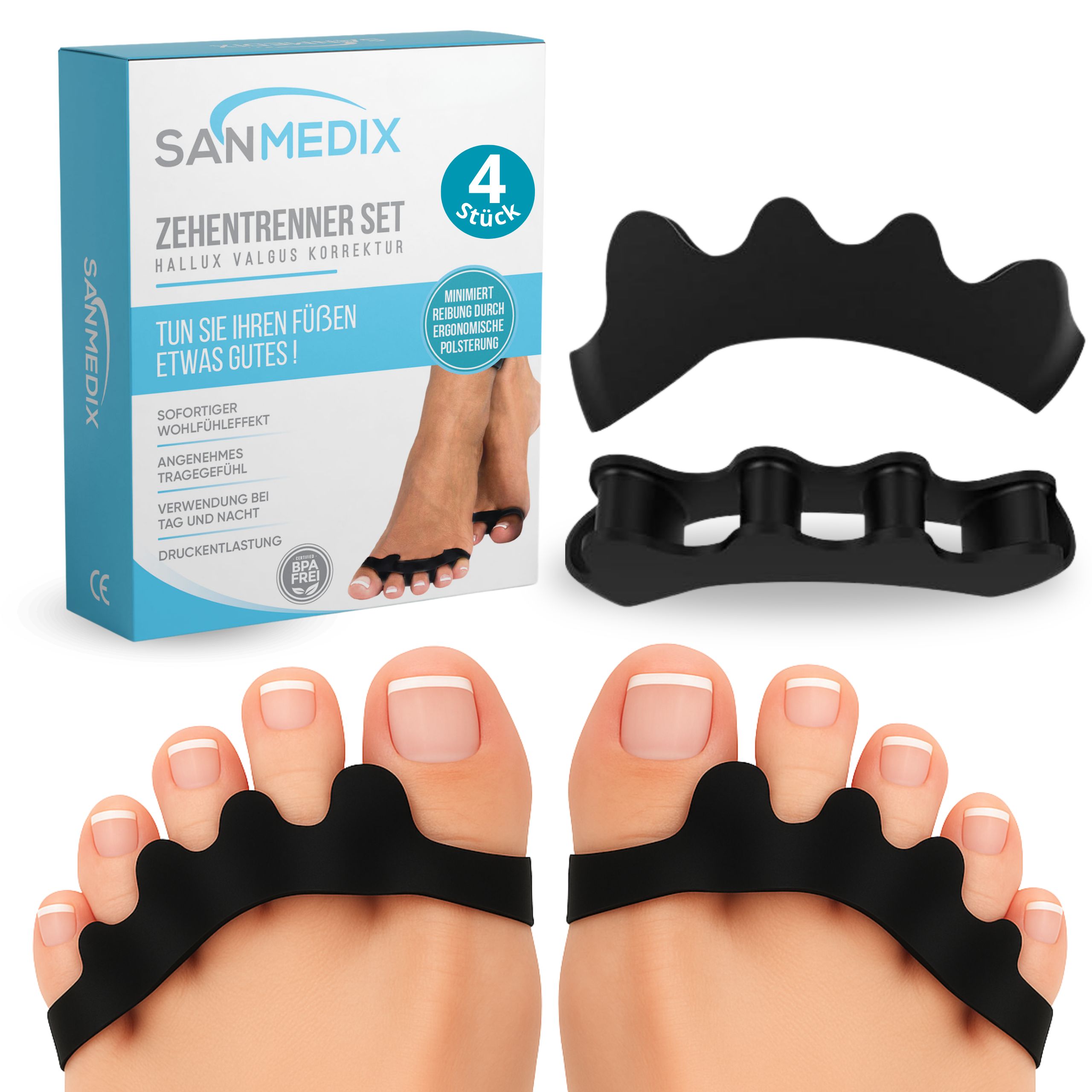 Sanmedix Zehenspreizer Set: 4 Stück Hallux Valgus Korrektur. Inklusive Zehentrenner für alle Zehen und Verpackung.