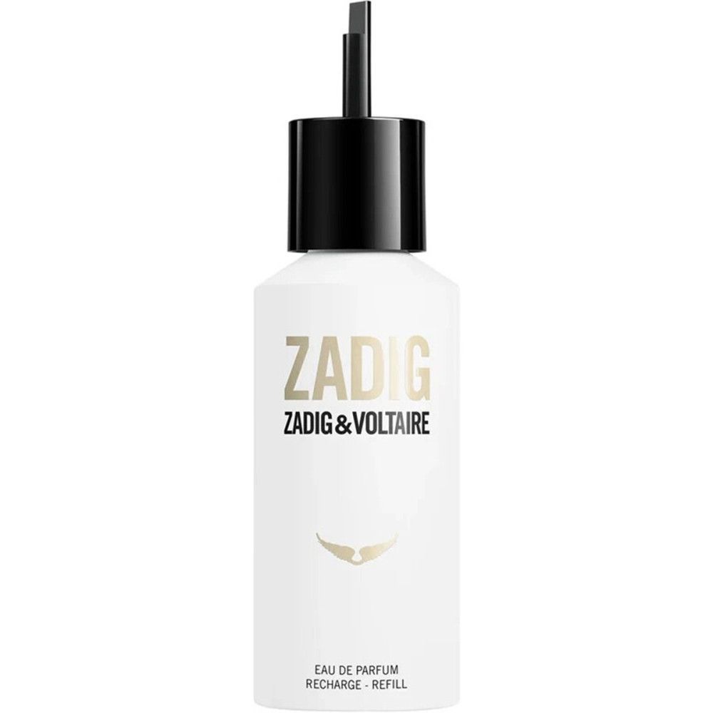 Weißer Zadig & Voltaire Flakon mit schwarzem Verschluss. Aufschrift: ZADIG, ZADIG & VOLTAIRE, Eau de Parfum, Recharge - Refill.
