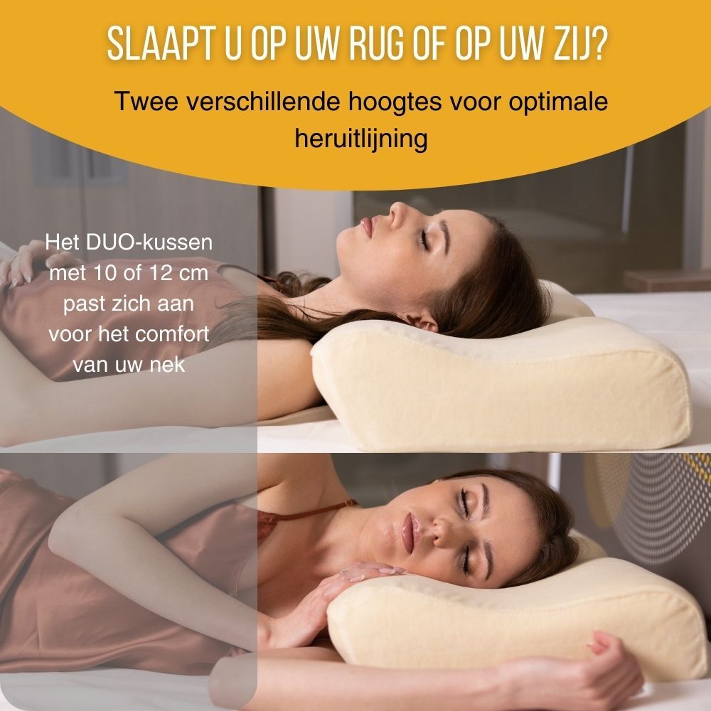 Reclamebeeld: vrouw slaapt op rug met kussen. Tekst.