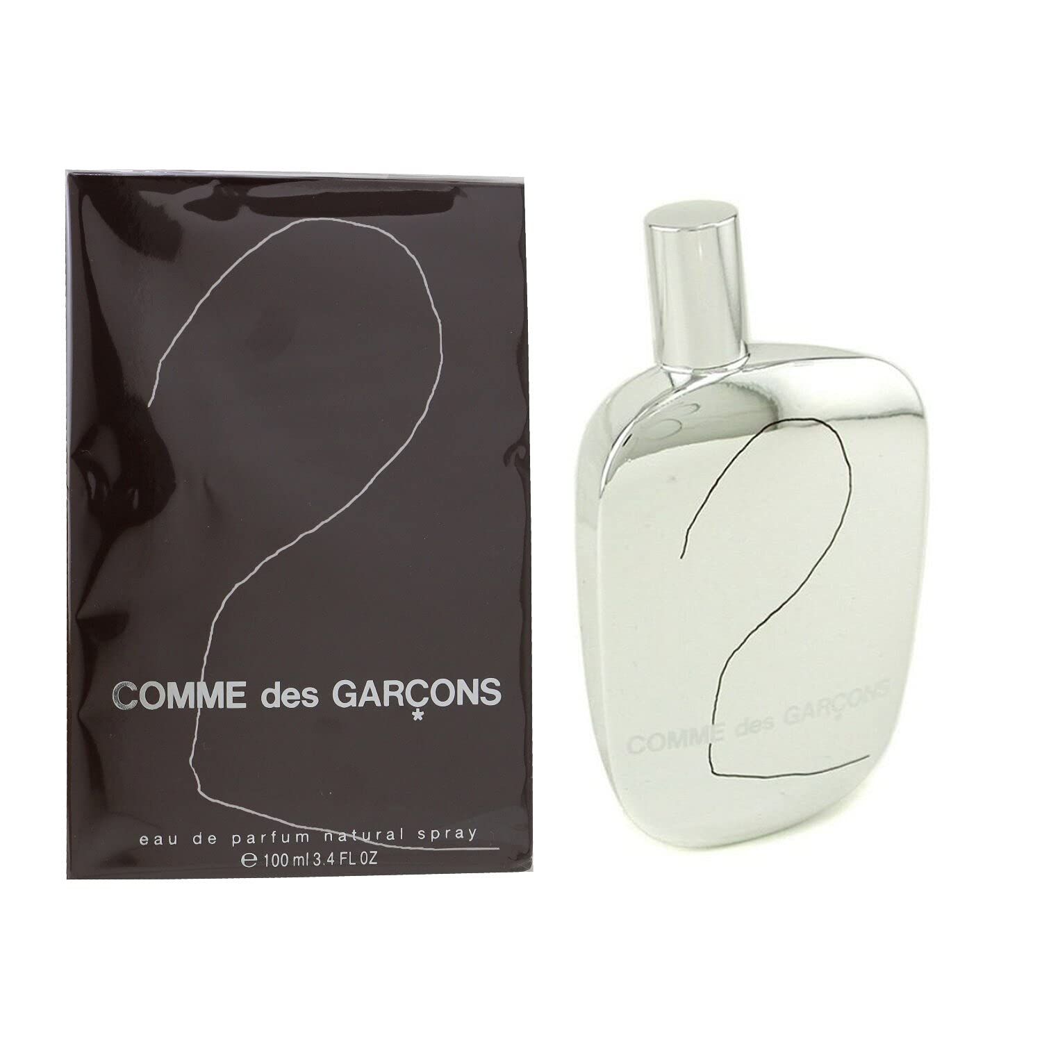 Parfümflakon und Verpackung. Flakon silberfarben, quadratisch, mit schwarzer Kontur "2". Verpackung dunkelbraun mit weißer Aufschrift.