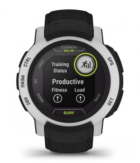 Garmin Instinct 2 Solar Surf. Schwarzes Armband, weißes Gehäuse. Display zeigt Trainingsstatus, Produktivität, Fitness und Belastung. Tasten: CTRL, MENU, ABC, UP, DOWN, BACK, SET, GPS.