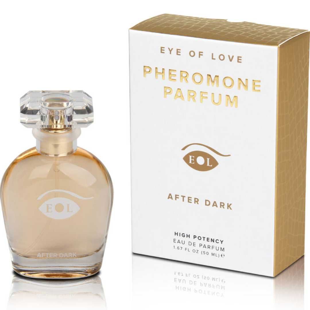 Parfümflakon und Schachtel. Auf der Schachtel steht "EYE OF LOVE", "PHEROMONE PARFUM" und "AFTER DARK". Der Flakon hat einen transparenten Verschluss.