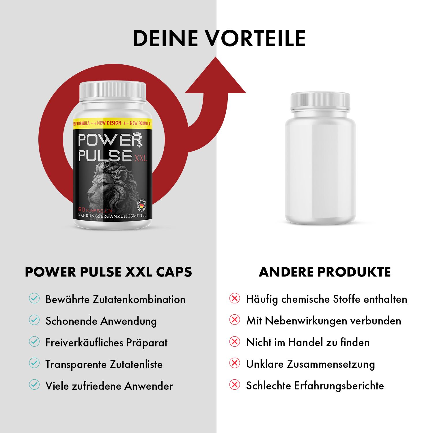 POWER PULSE XXL Caps neben anderen Produkten. Vorteile: Bewährte Zutaten, schonende Anwendung, freiverkäuflich, transparente Liste. Nachteile anderer Produkte.