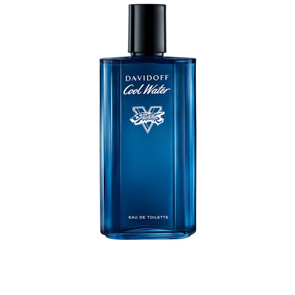 Blaues Parfumflakon mit schwarzem Verschluss. Aufschrift: Davidoff Cool Water Street Fighter Edition.