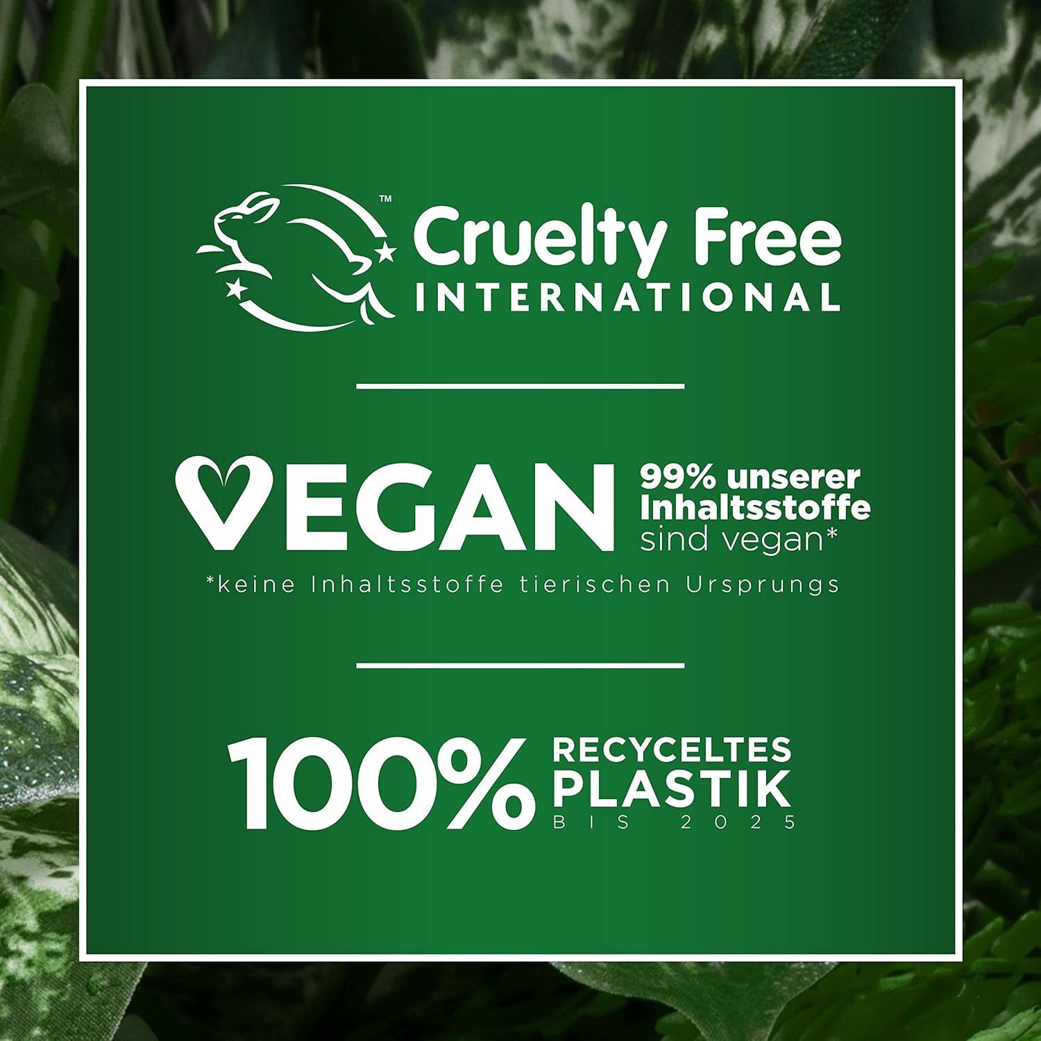 Zertifizierungen: Cruelty Free International, Vegan (99% vegane Inhaltsstoffe), 100% recyceltes Plastik bis 2025.